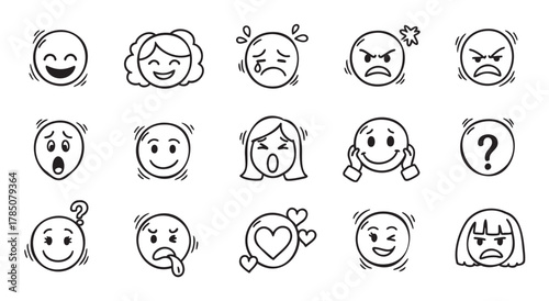 Simple black outline icons depicting various facial expressions, including happiness, sadness, anger, and confusion, represented in a minimalist style.