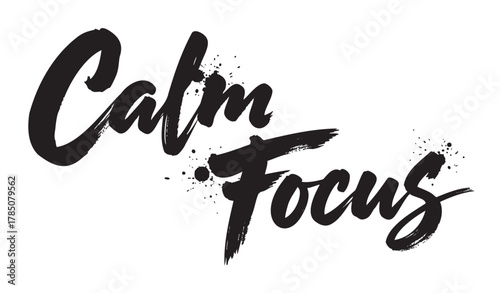Dynamic black brushstroke lettering of the words 'calm focus' with paint splatters, conveying a sense of energy and creativity.