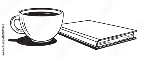 Black and white line drawing of a steaming coffee cup beside a closed hardcover book, evoking a cozy reading atmosphere.