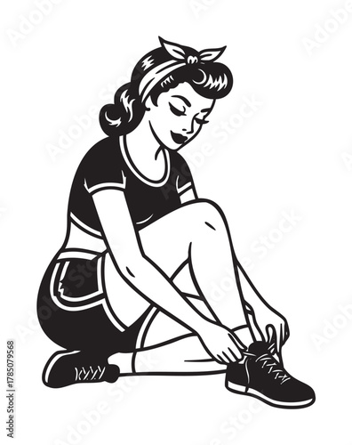 Black and white illustration of a young caucasian female in retro attire tying her sneakers while seated.