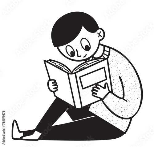 Black and white illustration of a young male reading a book while sitting on the floor, with a focused expression and relaxed posture.