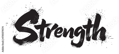 Bold black brushstroke typography spelling the word "strength" with artistic splatters surrounding the letters.