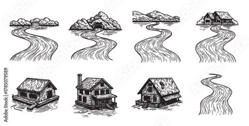 Black and white sketch of various houses and landscapes, each with winding paths leading to them, featuring unique architectural designs and natural elements.