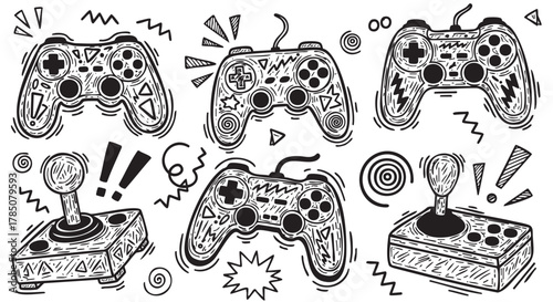 Hand-drawn sketch of various gaming controllers and joysticks with detailed patterns and abstract shapes surrounding them.