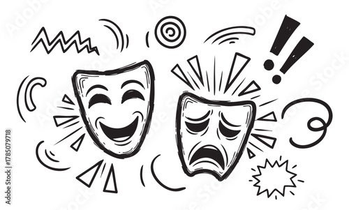 Black outline drawing of classic theater masks representing comedy and tragedy, surrounded by dynamic abstract shapes and symbols.