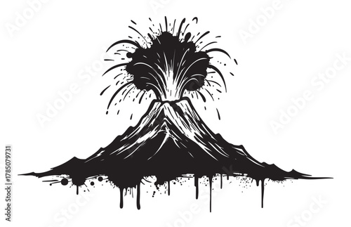 Black ink illustration of an erupting volcano with splattered lava and dynamic lines depicting the explosive force.