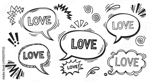 Black and white comic-style illustration featuring speech and thought bubbles with the word "love" inside, surrounded by energetic doodles and exclamations.