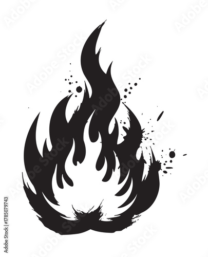 Black silhouette of an abstract flame with dynamic, splattered elements creating a sense of motion and intensity.