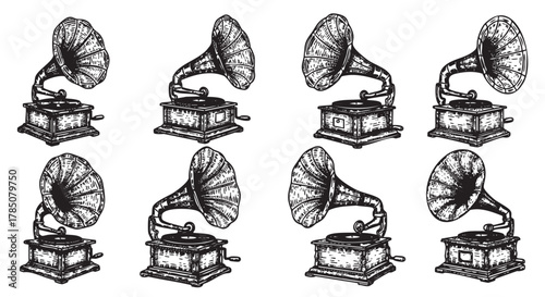 Vintage hand-drawn black-and-white illustrations of gramophones with varying horn angles and details, showcasing classic turntable designs.