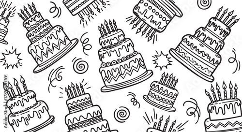 Black outline seamless pattern of various layered birthday cakes with lit candles and decorative elements on a white background.