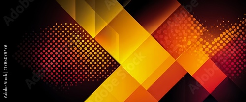 Colorful abstract design with orange and black elements. The design is made up of squares and triangles