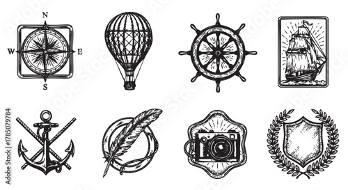Vintage nautical and travel-themed vector icons, including a compass, hot air balloon, ship wheel, sailing ship, anchor, feather, camera, and laurel shield.