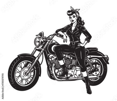 Black and white retro-style illustration of a female biker with a vintage motorcycle, dressed in a 1950s-inspired outfit with a bandana and leather jacket.