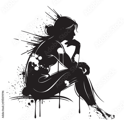 Silhouette of a young female in a thoughtful pose with artistic splatter effects, creating a dramatic and creative design.
