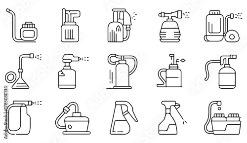 Minimal industrial equipment icons — clean outline vector set of sprayers, nozzles, and cleaning bottles