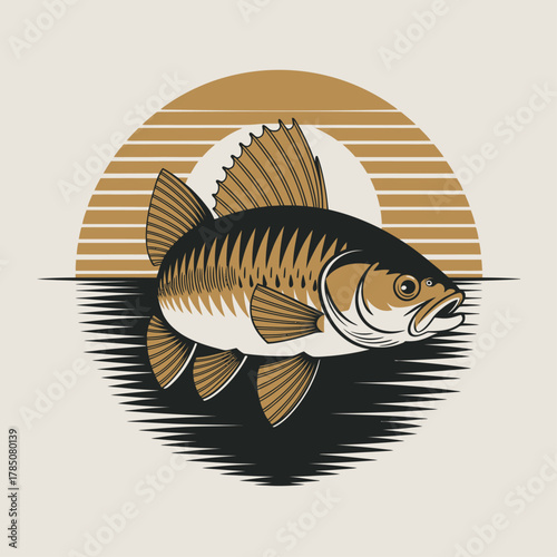 Stylized fish illustration with sunset background over calm ocean water.