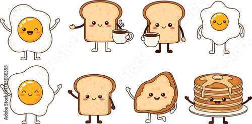 Cartoon breakfast food characters including eggs, bread, sandwich, and pancakes with happy faces in cute vector illustration for kids