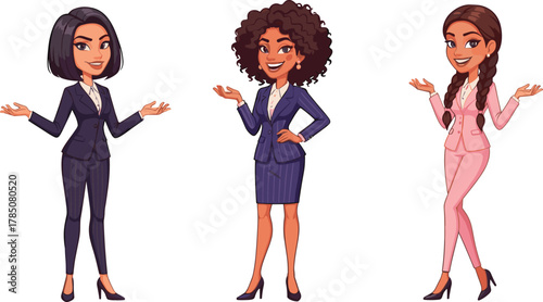 Cartoon businesswomen characters in professional suits, confident female entrepreneurs, office workers, teamwork, leadership, corporate illustration concept for business vector design