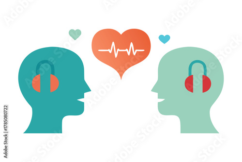 World Hearing Day Vector – Two Profiles Connected by Sound Wave Bridge and Hearing Aid