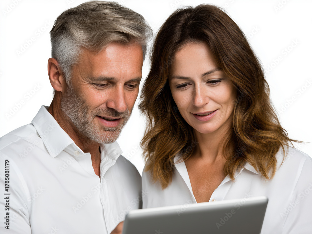 Fototapeta premium Couple smiling while engaging with a tablet in a modern setting