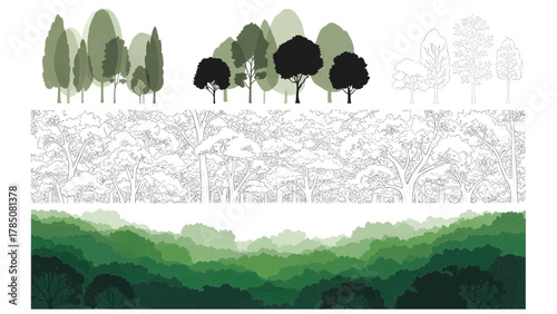 Vector illustration of abstract forest landscape with stylized trees and green gradient layers on a white background