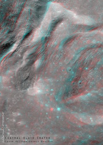 3D anaglyph image of the lunar surface made by the Lunar Reconnaissance Orbiter. Use red-cyan glasses. The exact region is given at the edge of the image. Elements of this image furnished by NASA.