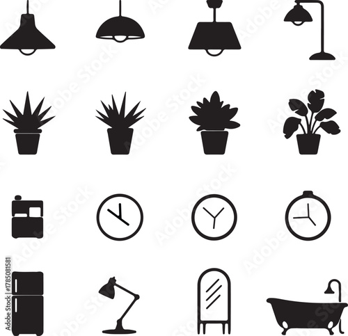Collection of black and white icons for home decor and timekeeping interior