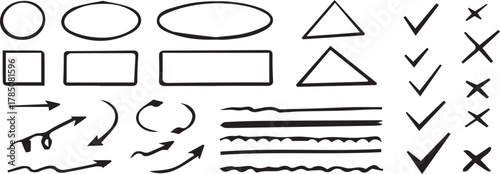 Assortment of Hand Drawn Geometric Shapes and Lines on White Background circle oval