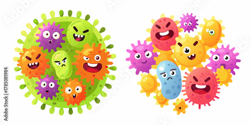 Cute cartoon viruses and bacteria with different emotions on a white background