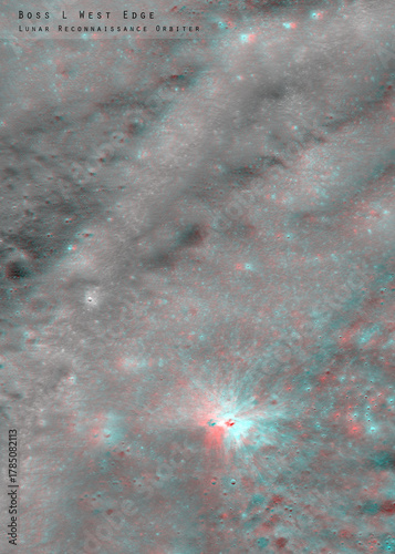 3D anaglyph image of the lunar surface made by the Lunar Reconnaissance Orbiter. Use red-cyan glasses. The exact region is given at the edge of the image. Elements of this image furnished by NASA.