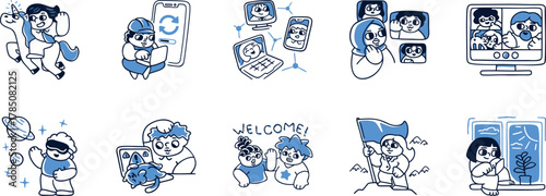 set of doodles, Modern colored Line Art Icons Digital Life, Tech, Social Media, Human Connection for UI UX, Apps, Websites, Marketing
