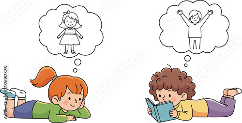 Cartoon Kids Reading and Daydreaming with Thought Bubbles Showing Aspirations, Imagination, Creativity, Childhood Learning, and Emotional Expression