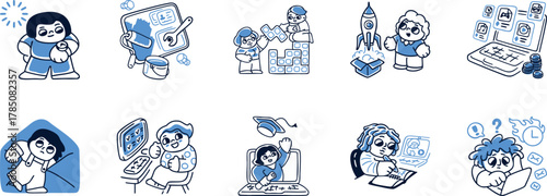 set of doodles, Modern colored Line Art Icons Digital Life, Tech, Social Media, Human Connection for UI UX, Apps, Websites, Marketing