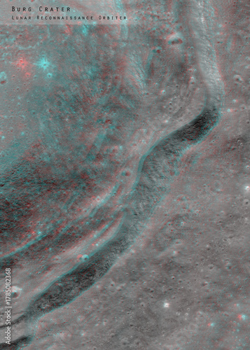 3D anaglyph image of the lunar surface made by the Lunar Reconnaissance Orbiter. Use red-cyan glasses. The exact region is given at the edge of the image. Elements of this image furnished by NASA.