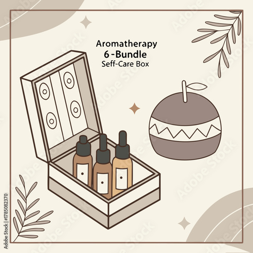 Aromatherapy selfcare box with essential oils and diffuser on beige background
