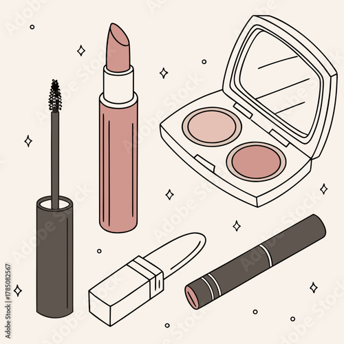 Cosmetic set with lipstick, mascara, and eyeshadow