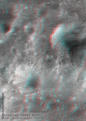 3D anaglyph image of the lunar surface made by the Lunar Reconnaissance Orbiter. Use red-cyan glasses. The exact region is given at the edge of the image. Elements of this image furnished by NASA.