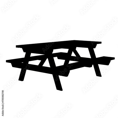 Black silhouette of a wooden picnic table isolated on white background