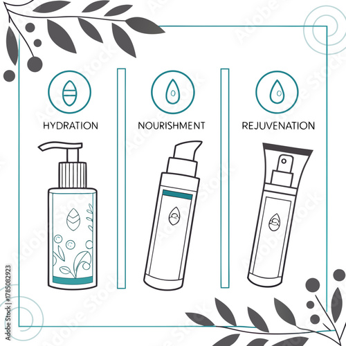 Selfcare hydration, nourishment, and rejuvenation products illustration