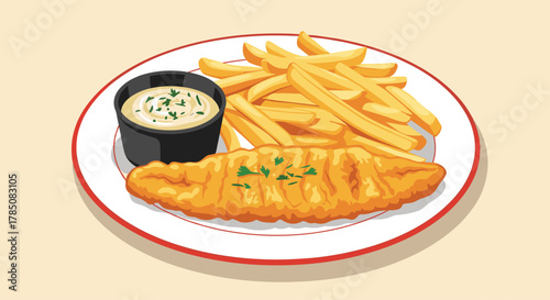 Crispy golden fried fish fillet served with a side of thick cut french fries and creamy dipping sauce.