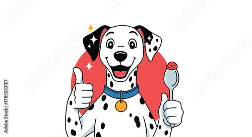 A happy dalmatian dog gives a thumbs up while holding a spoon with a scoop of ice cream.