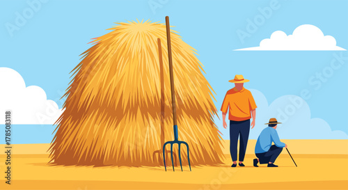 Two farmers stand near a massive haystack under a bright blue sky.