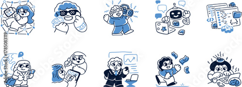 set of doodles, Modern colored Line Art Icons Digital Life, Tech, Social Media, Human Connection for UI UX, Apps, Websites, Marketing