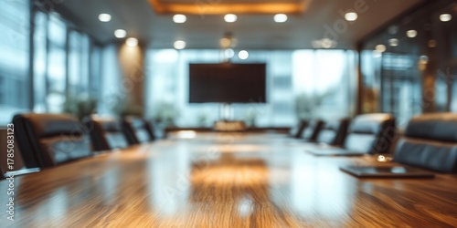 Blurred Conference Room with Wooden Table, Chairs, and Screen