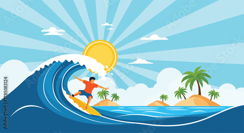 A surfer rides a massive wave towards a tropical island with palm trees on a sunny day.