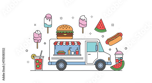 A colorful pixel art illustration of a vibrant food truck serving delicious summer treats.
