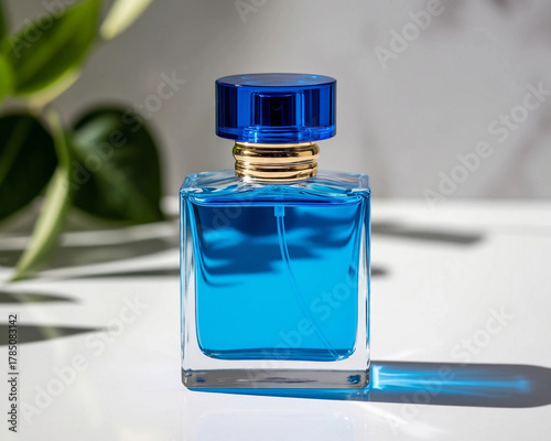 Blue perfume bottle, studio shooting