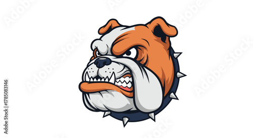 An aggressive bulldog with sharp teeth and determined eyes wearing a spiked collar.