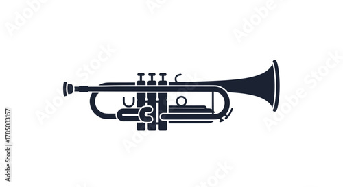 Close up of a brass trumpet with three valves and a bell facing right.