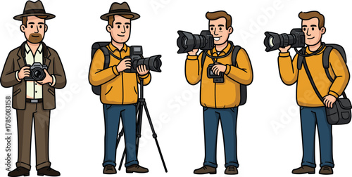 Cartoon photographers holding professional cameras with tripod and backpack, vector illustration of male characters shooting photos for creative photography concept.